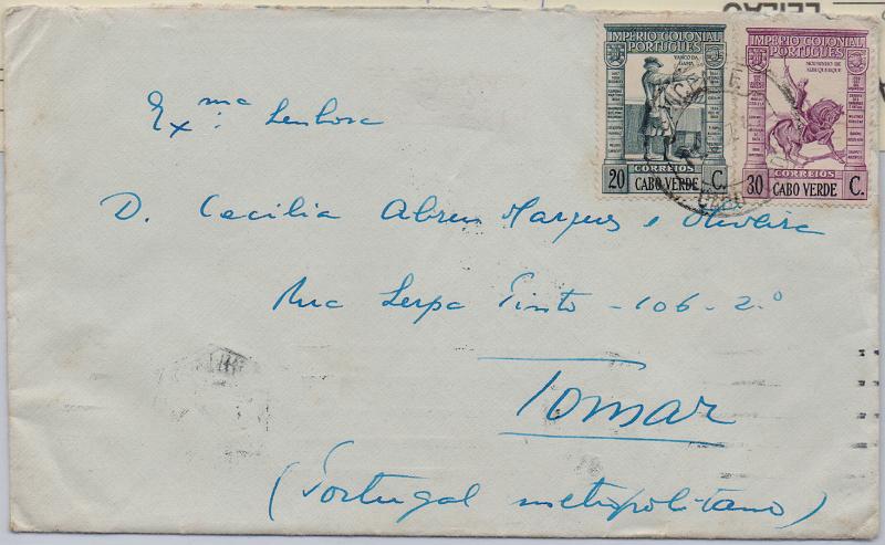 0733 v.jpg -     Lote:    733 (verso)                   Descrição:         1939/45 &mdash; 2.ª Guerra Mundial. Expedição Militar a Cabo Verde. Sobrescrito circulado de S. Vicente (11.12.42) para Tomar com selo CE222/223. Carimbo da unidade batido a violeta "1.º BATALHÃO EXPEDICIONÁRIO / REGIMENTO DE INFANTARIA N.º 15 / 3.ª COMPANHIA DE ATIRADORES.        Carta       Valor Base:     &euro; 20,00     Valor Venda:     &euro;      